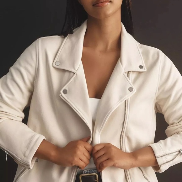 ANTHROPOLOGIE MOTO jacket Sz M CREME COLOR NWOT ZIPPERS SNAPS COTTON/poly blend - Picture 16 of 16